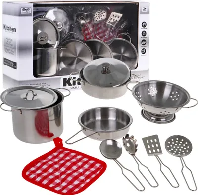 Immagine prodotto di Set di pentole in metallo per bambini 3+ Pentole da cucina + utensili + accessori da cucina 11 pz.