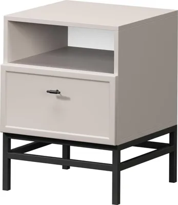 Zdjęcie produktu dla Szafka nocna Lorini z szufladą 45 cm – nowoczesna melamina i MDF | Kolor: kaszmir/czarny