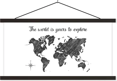 Produktbild von MuchoWow® Textilposter Weltkarte - Schwarz - Zitat 60x30 cm mit schwarzem Rahmen - Textilien