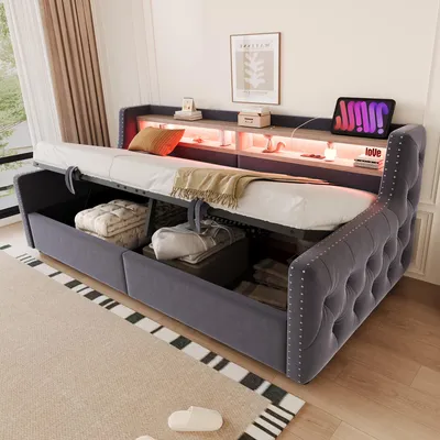 Zdjęcie produktu dla Łóżko tapicerowane Merax sofa rozkładana 90x200cm z hydraulicznym schowkiem i oświetleniem LED, łóżko dzienne z półką i gniazdkiem, USB/Type-C, stelaż listwowy, szary