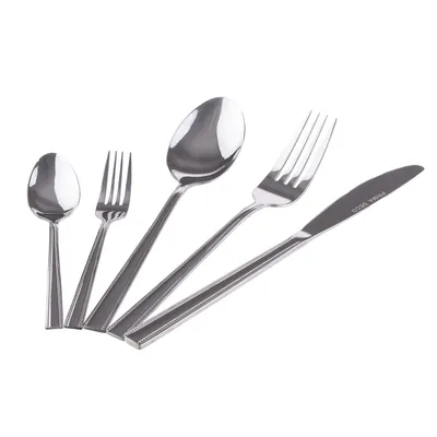 A set of stainless steel cutlery arranged diagonally on a white background.