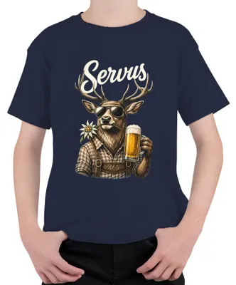 Produktbild von Servus Hirsch Edelweiß Bier Bayern Lederhose Dirndl Kinder T-Shirt, Navy, 104