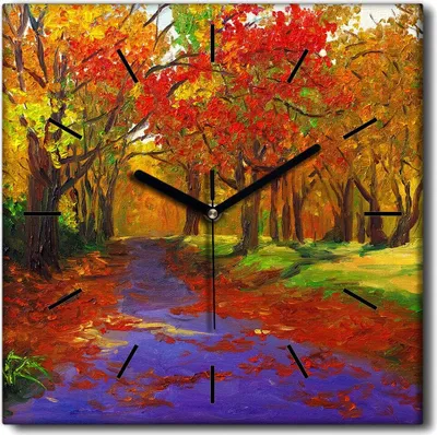Produktbild von Coloray Uhr auf Leinwand 30x30 cm Wand Uhr Dekoration Wohnzimmer Segeltuch schwarze Hände -Herbstahornlandschaft.