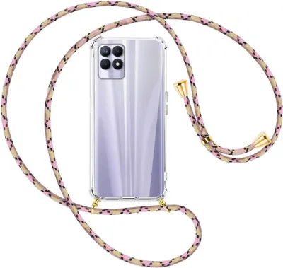 Produktbild von Handykette Backcover-Schutzhülle mit Band (Metall goldfarben) für Realme 8i - rosa Karo
