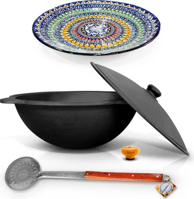 Produktbild von Uzbekisch Kazan Gusseisen Kasan 22 L Holzgriff Kochtopf Schaumlöffel WOK Asia