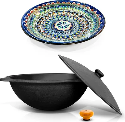 Produktbild von Gusseisen Kazan Kasan 12 L Holzgriff Usbekisch Plov Kochtopf WOK Lagan Казан