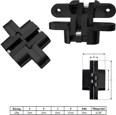 Produktbild von 2x Edelstahl 180° Kreuz Schwerlastscharnier verdeckte Montage Scharnier Schwarz 120kg