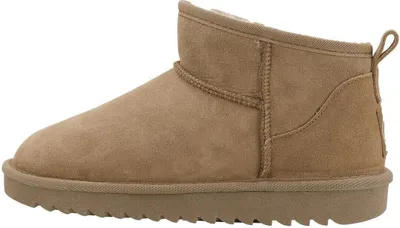 A side view of a single brown boot on a white background.