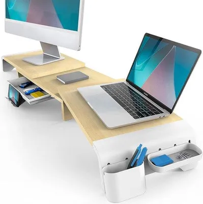 Image de Support d'écran réglable, 107 cm, en bois de chêne, rangement de bureau