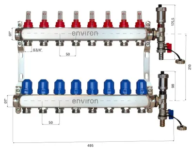 Image de Environ collecteur inox plancher chauffant 8 circuits, longueur 426 mm, eurocône 3/4 pouce, kit de purge, sans robinets