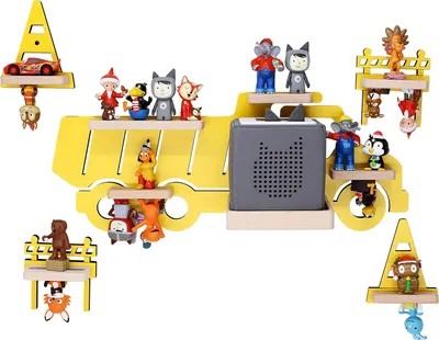 Produktbild von BOARTI Kinderregal LKW Bagger | hängend für Toniebox und Tonie Figuren | platzsparendes Regal | H. 43 x B. 47 x T. 19 cm | Wandregal Musikbox Figuren Aufbewahrung Magneteinsätzen | Aufbewahrungsregal Holz