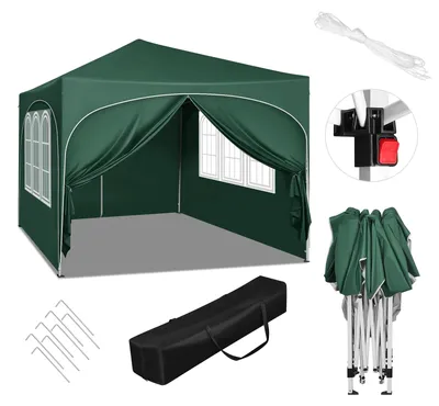 Obrázek produktu pro Skládací pavilon – párty stan – 3 x 3 metry – 4 boční stěny – výškově nastavitelný – voděodolný – ochrana proti UV záření – zelený