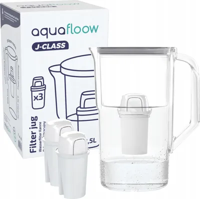 Produktbild von AquaFloow Wasserfilter Kanne 2,5L Grau + 3 Filterkartuschen – Trinkwasserfilter reduziert Kalk Chlor Blei Kupfer