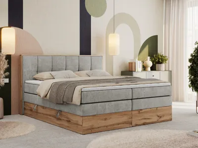Produktbild von MKS MEBLE Boxspringbett, Doppelbett mit zwei Multipocket-Matratzen ALBERO 1 KING, Bettkästen und Kopfteil, Holzkiste in Wotan-Eichenfarbe - 160x200 cm - H3 - Hellgrau Struktur