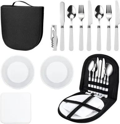 Immagine prodotto di Set da campeggio per 2 persone - Set di posate portatile da 11 pezzi in acciaio inossidabile con forchette, cucchiai, coltelli e apribottiglie - Ideale per il campeggio all'aperto e i picnic