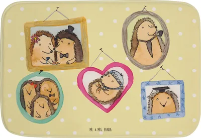 Produktbild von Mr. & Mrs. Panda Badematte Igel Familie - Gelb Pastell - Geschenk, Badezimmerteppich, Liebe, Duschvorleger, Muttertag, Bilder, wannenvorleger, Badteppich, Badvorleger