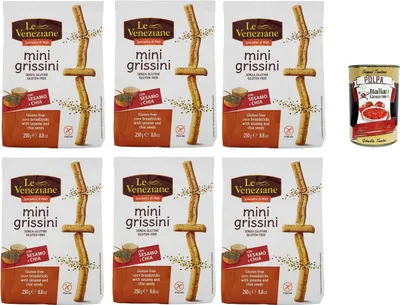 Produktbild von Le veneziane, mini grissini con sesamo e chia senza glutine, gluten free breadstick, glutenfreie Mini-Grissini mit Sesam und Chia, 6x 250g + Italian Gourmet polpa 400g