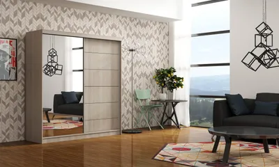Produktbild von Krudox INFI Kleiderschrank Schiebetür Sonoma 150x200x62 cm mit Spiegel Kleiderstange Schlafzimmer Mehrzweckschrank