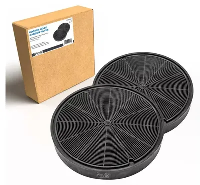A cardboard box and two round carbon filters for a cooker hood.