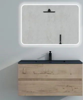 Produktbild von Mai & Mai Badmöbel-Set Waschtisch mit Unterschrank Mineralguss Waschbecken in Anthrazit Waschbeckenunterschrank 100x48x50cm Eiche Greige 2-Schubladen Soft-Close inkl. LED-Spiegel Aqualis