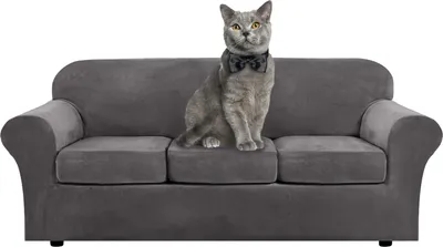 Obrázek produktu pro 4 kusy Stretch Velvet Sofa Cover Furniture Protector Form Fit Thick Velvet Sofa Cover for 3 Cushions Couch(3 Seater,Grey)