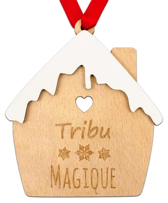 Weihnachtskugel verschneites Haus, handgefertigt, Holz, 1 Stück