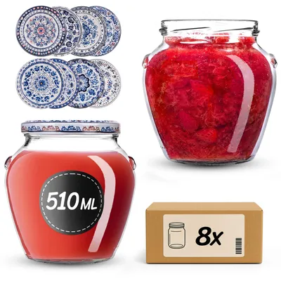 Zdjęcie produktu dla Słoiki do wekowania KADAX 510 ml z zakrętką fi82mm, słoiki z zakrętką, słoiki na miód, słoiki do wekowania miodu (niebieskie/białe, 8 sztuk)