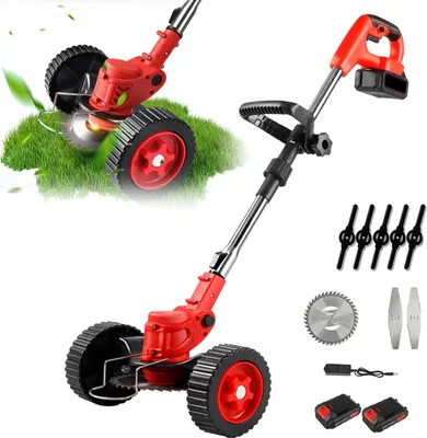 Image de Tondeuse de bordure - Coupe-bordures électrique sans fil - Pliable avec roues - Tige télescopique réglable - Tête pivotante à 90° - 2 batteries incluses - Rouge