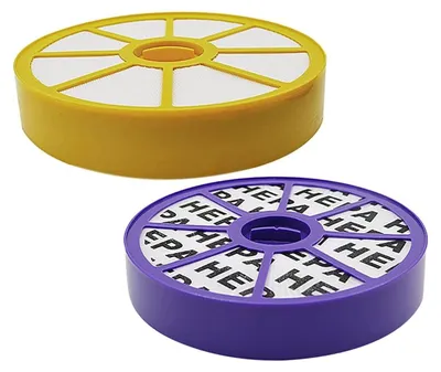 Two vacuum cleaner filters, one yellow and one purple, are shown against a white background.