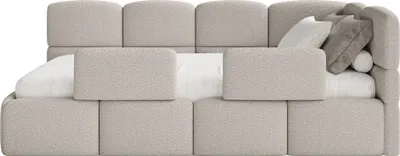 Produktbild von Selsey Cloudy – Jugendbett 90x200 cm, rechtsseitig, mit Bouclé-Bezug, Matratze und Rausfallschutz, Greige