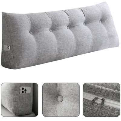 Produktbild von 160cm Keilkissen Bett Großes Rückenkissen Bett Lesekissen für Bett und Sofa,Bettkissen Wandkissen Bett Lendenkissen mit Seitentaschen Grau (Leinen)