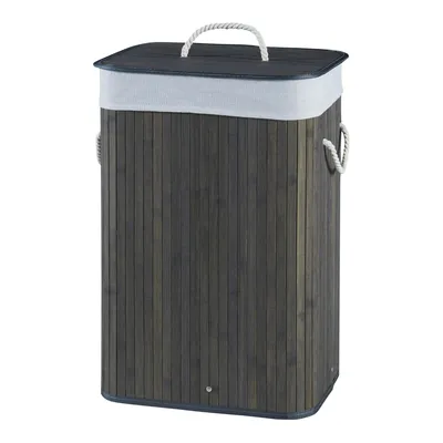 A laundry basket with a lid and rope handles.