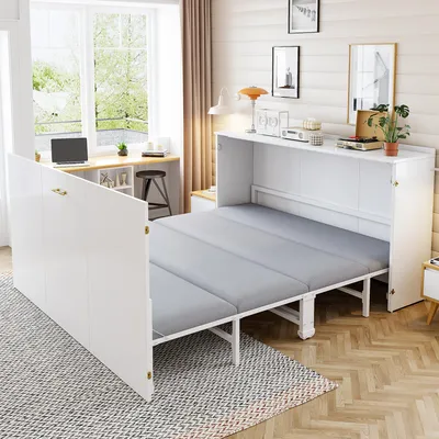 Immagine prodotto di Letto pieghevole okwish 140x200 con materasso in lino, letto a scomparsa con ruote silenziose, salvaspazio, bianco