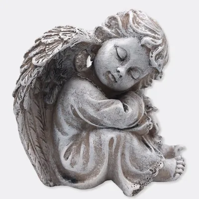 Produktbild von Sitzender Engel Grau H11,5 cm –Grabengel Figur nachdenklich mit Flügeln, wetterfest aus Polyresin als Gedenk-Deko oder Trostspender
