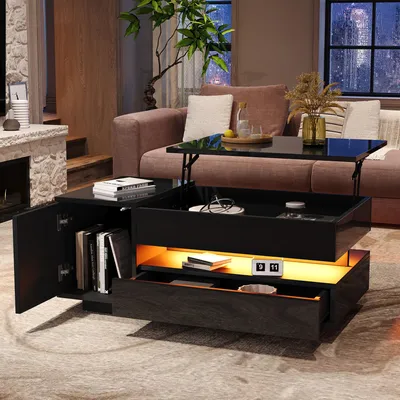 Produktbild von Merax Couchtisch anhebbar mit LED, Sofatisch mit Schublade und Schrank, Hochglanz Beistelltisch mit verstecktem Stauraum, halboffenem Stauraum,Schwarz