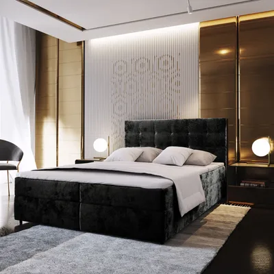 A luxurious bedroom with a large black bed as the centerpiece, decorated with gold accents and soft lighting.