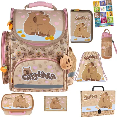 Produktbild von Schulranzen für Mädchen, 8er-Set - Schul-Rucksack für Kinder mit Federmäppchen - Schuhbeutel Trinkflasche und Brotdose - Kapibara Motiv