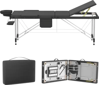 Image de TWOLIIN table de massage en aluminium pliable et réglable en hauteur avec 3 zones, capacité de charge 230 kg, rembourrage en mousse de 8,5 cm, sac de transport inclus, appui-tête et accoudoirs latéraux (noir)
