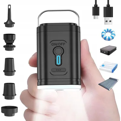 Image de Mini pompe à air électrique avec LED -éclairage Pompe à batterie 1200mAh avec 5 buses & USB-C,Pour matelas à air, bouée, sac à vide & camping Noir