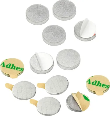Produktbild von vasalat Scheibenmagnet flach, Magnete mit Metallscheiben selbstklebend, Rundmagnet ø 8mm, Neodym vernickelt 12-teilig