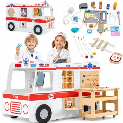 Produktbild von Viga großes Holz-Rettungswagen-Set, Krankenwagen für kleine Retter, Zubehör, 25-tlg.
