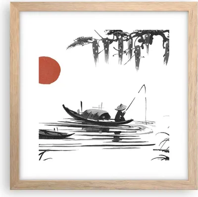 Produktbild von Gerahmtes Poster - Rahmen in heller Eiche - China Angler Zeichnen - 30x30 cm - Wand Bild - Wanddeko - Wandbilder - Wandposter - Bilderrahmen - Bilder - Kunstdruck - Wandbild - P2NAC30x30-4340