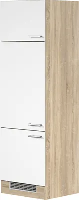 A tall, narrow cabinet with white doors and a wood-grain side panel.