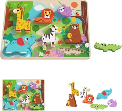 Produktbild von Tooky Toy 3D Kinder Holz-Puzzle Tiere, 8-teiliges Steckpuzzle, ab 12 Monaten braun