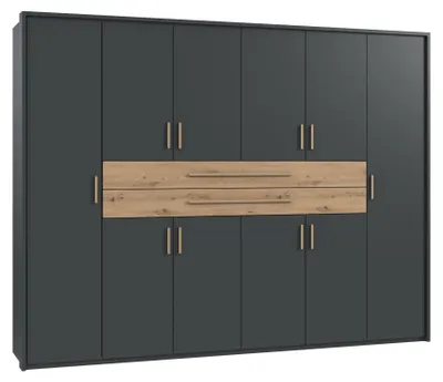 Obrázek produktu pro Skříň s otočnými dvířky, šatní skříň, šedá barva (grafit), výška 273 cm, zásuvky, úchytky z dubu Artisan / 22646