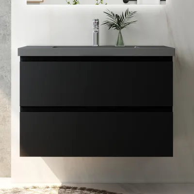 Produktbild von Waschtisch mit Unterschrank 80cm Alast Badmöbel Set Schwarz Waschbecken Dunklegrau mit Unterschrank Softclose