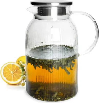 Produktbild von Glaskaraffe 1,5L mit Edelstahl Filter und Relief Wasserkrug Wasserkaraffe Glaskrug