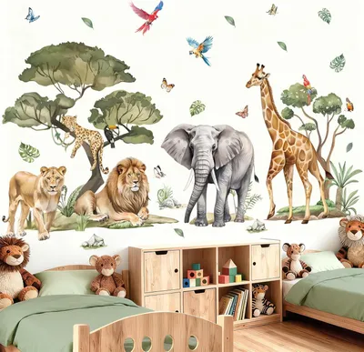 Imagen del producto de Calcomanías autoadhesivas con motivos de animales de la selva, ideales para decorar habitaciones infantiles. Fabricadas en PVC, con 4 diseños diferentes