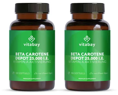 Produktbild von Vitabay Beta Carotin Bräunungskapseln Hochdosiert 25.000 I.E. Depot – 360 Softgels – Natürlich aus Dunaliella salina Alge – Provitamin A – Vegan, Labor – Vorrat für lange Zeit – 2er Bundle