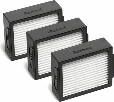 Three black and white robot vacuum cleaner filters are arranged diagonally on a white background.